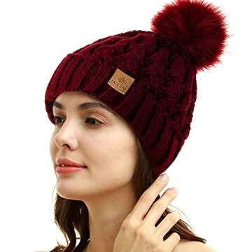 PAGE ONE Womens Winter Ribbed Beanie Crossed Cap Chunky Cable Knit Pompom Soft Warm Hat Wine Red