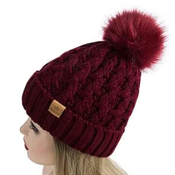 PAGE ONE Womens Winter Ribbed Beanie Crossed Cap Chunky Cable Knit Pompom Soft Warm Hat Wine Red