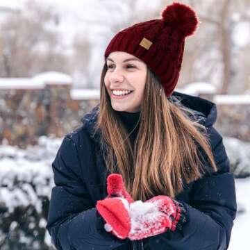 PAGE ONE Womens Winter Ribbed Beanie Crossed Cap Chunky Cable Knit Pompom Soft Warm Hat Wine Red