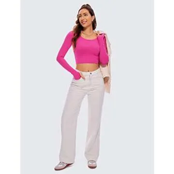 CRZ YOGA Butterluxe Long Sleeve Crop Tops for Women Slim Fit Workout Shirts Cropped Athletic Gym T-Shirts Hibiscus Purple Medium