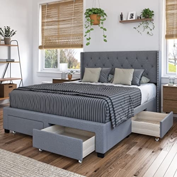 DG Casa Bardy Upholstered Panel Bed Frame - Queen Size Platform Bed with Headboard - Diamond Button ...