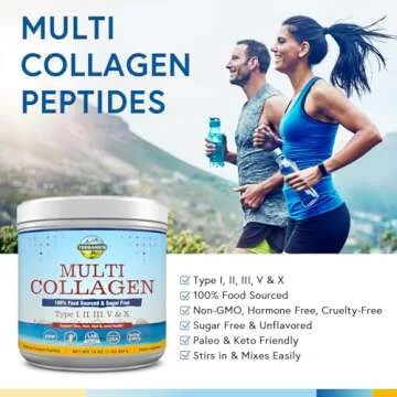 Terranics Multi Collagen Peptides Powder, Type I II III V X Hydrolyzed Collagen for Women+Men, Collagen Supplements for Skin Nail Hair & Joint, Fast Dissolve, Unflavored Colageno, No Sugar, Keto, 16oz