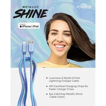 LIQUIPEL Powertek iPhone Charger Cable [MFI Certified], Fast Charging 6ft Lightning to USB Cord Adapter, Compatible for iPad, Metallic Shine (Light Blue)