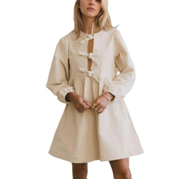 Burtell Women Flowy Bow Tie Front Corduroy Mini Dress Cute Long Puff Sleeve Ruffle Hem Short Dress S...