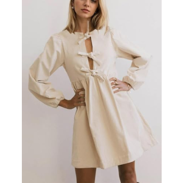 Burtell Women Flowy Bow Tie Front Corduroy Mini Dress Cute Long Puff Sleeve Ruffle Hem Short Dress Solid A-line Tunic Dress Apricot