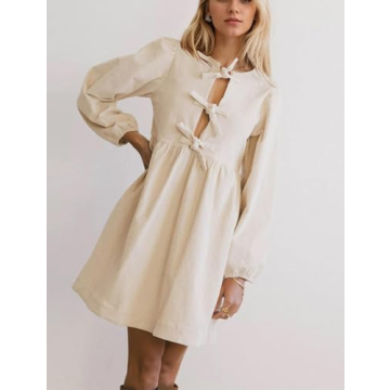 Burtell Women Flowy Bow Tie Front Corduroy Mini Dress Cute Long Puff Sleeve Ruffle Hem Short Dress Solid A-line Tunic Dress Apricot