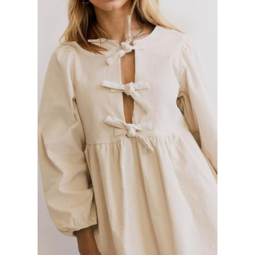 Burtell Women Flowy Bow Tie Front Corduroy Mini Dress Cute Long Puff Sleeve Ruffle Hem Short Dress Solid A-line Tunic Dress Apricot