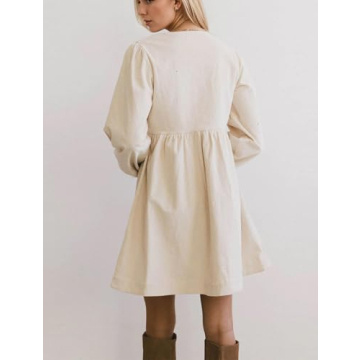 Burtell Women Flowy Bow Tie Front Corduroy Mini Dress Cute Long Puff Sleeve Ruffle Hem Short Dress Solid A-line Tunic Dress Apricot