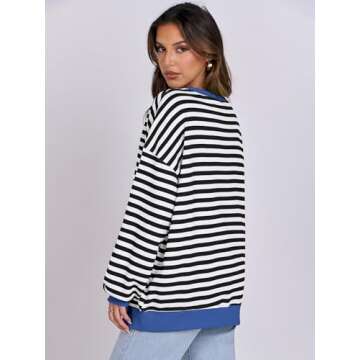 ANRABESS Women Striped Oversized Sweatshirt Long Sleeve Crewneck Shirts 2025 Fall Fashion Pullover Sweater Trendy Clothes Black White Large