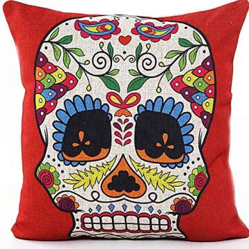 L&J ART 4 PCS 18 x 18 inch Skull Throw Pillow Case Cushion Cover Colorful Floral Mexican Day of The Dead Colorful Floral Sugar Skull Linen Square Pillowcase Cushion Covers Home Decorative