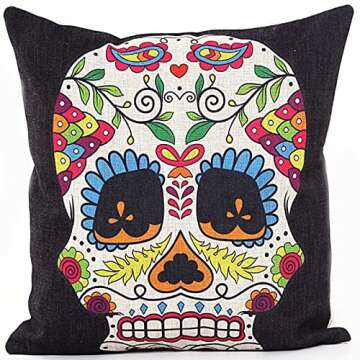 L&J ART 4 PCS 18 x 18 inch Skull Throw Pillow Case Cushion Cover Colorful Floral Mexican Day of The Dead Colorful Floral Sugar Skull Linen Square Pillowcase Cushion Covers Home Decorative