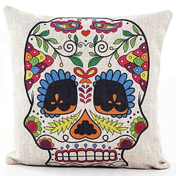 L&J ART 4 PCS 18 x 18 inch Skull Throw Pillow Case Cushion Cover Colorful Floral Mexican Day of The Dead Colorful Floral Sugar Skull Linen Square Pillowcase Cushion Covers Home Decorative