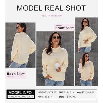 Dokotoo Fall Sweaters for Women 2024 Batwing Long Sleeve Turtleneck Sweaters Solid Autumn Basic Casual Halloween Sweaters Loose Oversized Chunky Knit Pullovers Sweaters Jumper Beige Blouses Medium