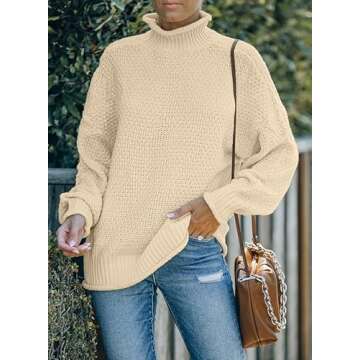 Dokotoo Fall Sweaters for Women 2024 Batwing Long Sleeve Turtleneck Sweaters Solid Autumn Basic Casual Halloween Sweaters Loose Oversized Chunky Knit Pullovers Sweaters Jumper Beige Blouses Medium