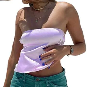 Women Sexy Strapless Tube Tops Sleeveless Backless Solid Satin Crop Top Summer Streewear Tank Top(C-Purple Satin,S)