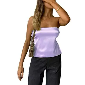 Women Sexy Strapless Tube Tops Sleeveless Backless Solid Satin Crop Top Summer Streewear Tank Top(C-Purple Satin,S)