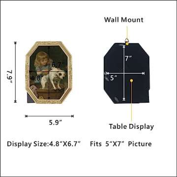 WINPLUS+ 5x7 Vintage Picture Frame, Luxury Antique Polygon Ornate Photo Frame In Pale Gold Tone With Floral Design, Real Glass Front, Retro Home Decor, Wall Mount and Tabletop Display, Art Gallery