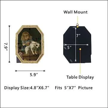 WINPLUS+ 5x7 Vintage Picture Frame, Luxury Antique Polygon Ornate Photo Frame In Pale Gold Tone With Floral Design, Real Glass Front, Retro Home Decor, Wall Mount and Tabletop Display, Art Gallery