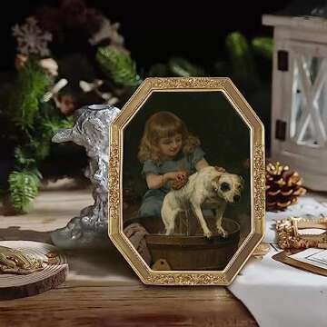 WINPLUS+ 5x7 Vintage Picture Frame, Luxury Antique Polygon Ornate Photo Frame In Pale Gold Tone With Floral Design, Real Glass Front, Retro Home Decor, Wall Mount and Tabletop Display, Art Gallery