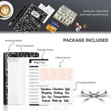 Iqihoo Budget Binder, Binder with Zipper Envelopes, Money Organizer for Cash, 27Pcs Cash Marble Saving Black