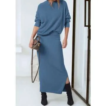 PRETTYGARDEN Women's Two Piece Matching Sweater Sets Knit Long Sleeve Pullover Tops Bodycon Long Maxi Skirts Fall Outfits (Grey Blue,Large)