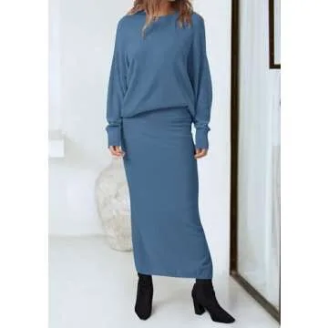 PRETTYGARDEN Women's Two Piece Matching Sweater Sets Knit Long Sleeve Pullover Tops Bodycon Long Maxi Skirts Fall Outfits (Grey Blue,Large)