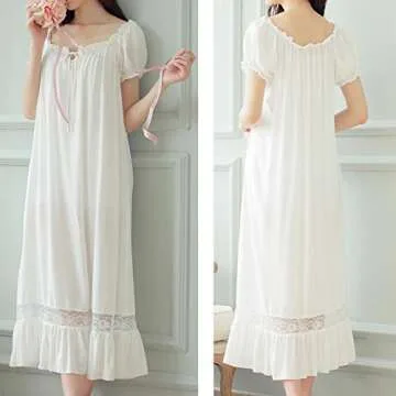 SINGINGQUEEN Womens' Cotton Nightgown Nightshirt Ladies Victorian Sleepwear Dress Gown Pajamas Lounger (White, Large)
