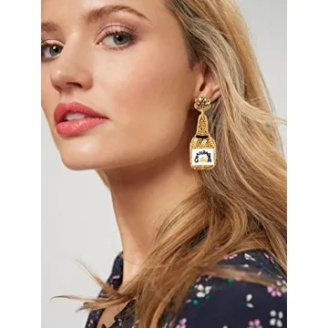 Beaded Champagne Bottle Earrings for Women Handmade Bead Champagne Drop Dangle Earring Statement Earring Studs for Birthday Holiday Parties Gifts (Gold)