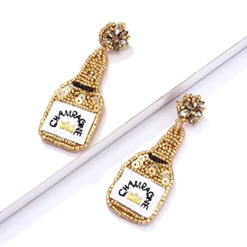 Beaded Champagne Bottle Earrings for Women Handmade Bead Champagne Drop Dangle Earring Statement Earring Studs for Birthday Holiday Parties Gifts (Gold)