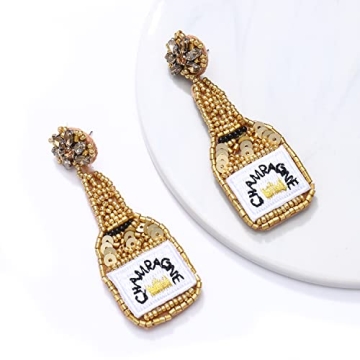Beaded Champagne Bottle Earrings for Women Handmade Bead Champagne Drop Dangle Earring Statement Earring Studs for Birthday Holiday Parties Gifts (Gold)