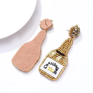 Beaded Champagne Bottle Earrings for Women Handmade Bead Champagne Drop Dangle Earring Statement Earring Studs for Birthday Holiday Parties Gifts (Gold)