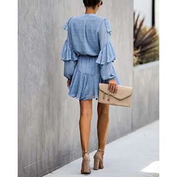MITILLY Women's Elegant Long Sleeve Dresses V Neck High Waist Ruffle Loose Flowy Party Mini Dress with Belt