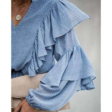 MITILLY Women's Elegant Long Sleeve Dresses V Neck High Waist Ruffle Loose Flowy Party Mini Dress with Belt