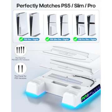 PS5/ Slim/Pro Stand for Disc & Digital Console, PS5 Cooling Station with Dual Controller Charging St...