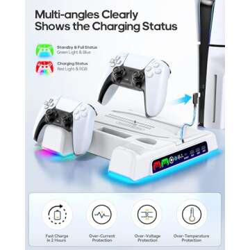 PS5/ Slim/Pro Stand for Disc & Digital Console, PS5 Cooling Station with Dual Controller Charging Station for PlayStation 5 Console, 3-Level Fan PS5 Controller Charger Accessories Stand
