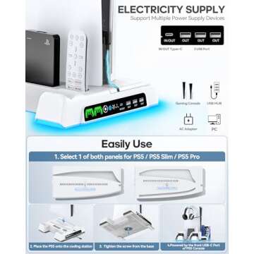 PS5/ Slim/Pro Stand for Disc & Digital Console, PS5 Cooling Station with Dual Controller Charging Station for PlayStation 5 Console, 3-Level Fan PS5 Controller Charger Accessories Stand