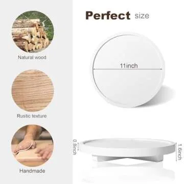 Round Decorative Tray Wood Bathroom Counter Organizer Farmhouse Kitchen Decor Wooden Riser for Soap Dish, Perfume, Candle, Sponge, 11" - White