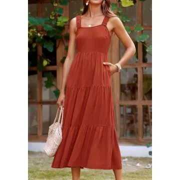 PRETTYGARDEN Women's Sleeveless Elastic Shoulder Summer Maxi Dress Sleeveless Tiered Beach Wedding Guest Dresses for Women (Brick Red,Medium)