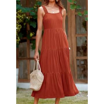 PRETTYGARDEN Women's Sleeveless Elastic Shoulder Summer Maxi Dress Sleeveless Tiered Beach Wedding Guest Dresses for Women (Brick Red,Medium)