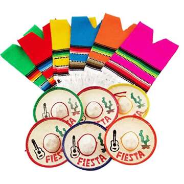 Set of 6 Serapes for Bottles and Mini Fiesta Hats for Bottles - 4 Inches by 11 Inches Poncho Cover, 3.5 Inches Wide Sombrero For Cinco De Mayo Party Decoration (6 of Each) Multicolored