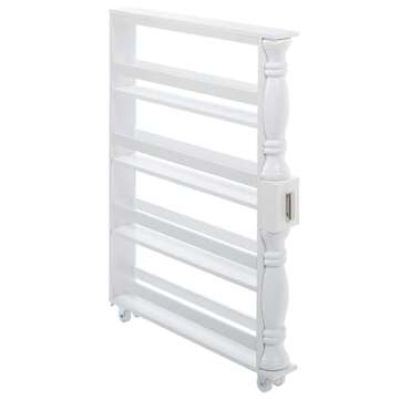 The Lakeside Collection Slim 4 Tier White Wooden Storage Rack Cart on Wheels for Small Spaces, Kitch...