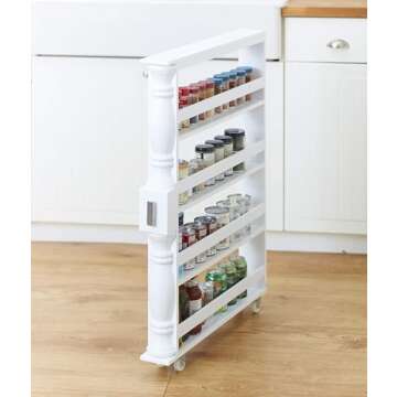 The Lakeside Collection Slim 4 Tier White Wooden Storage Rack Cart on Wheels for Small Spaces, Kitchen, Bathroom Laundry Room Organization