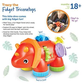 Learning Resources Tracy The Fidget Triceratops,1 Piece, Ages 18 Months+, Baby Toys,Sensory Toys for Toddlers, Fine Motor Toys,Montesory Toys