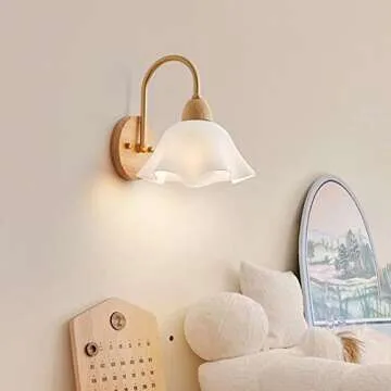 SIYANE Vintage Milk Glass Wall Sconce Light for Kids Bedroom Flower Shade Rustic Wood Wall Mount Light Fixtures Gooseneck Nordic Modern Wall Lamp for Bedside Living Room Porch Entrance