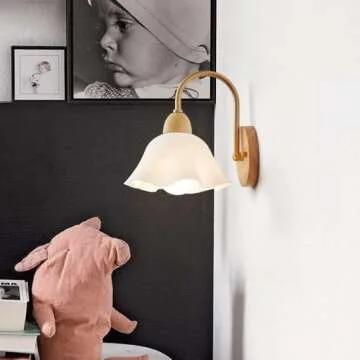 SIYANE Vintage Milk Glass Wall Sconce Light for Kids Bedroom Flower Shade Rustic Wood Wall Mount Light Fixtures Gooseneck Nordic Modern Wall Lamp for Bedside Living Room Porch Entrance