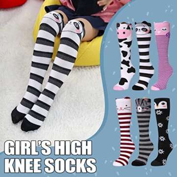 TRUEHAN 6 Pairs Girls Knee High Socks 3-12 Years Cartoon Animals Warm Cotton Long Tall Boot Socks (C...