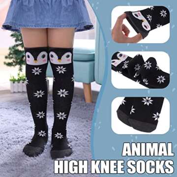 TRUEHAN 6 Pairs Girls Knee High Socks 3-12 Years Cartoon Animals Warm Cotton Long Tall Boot Socks (Cute Animal 01)