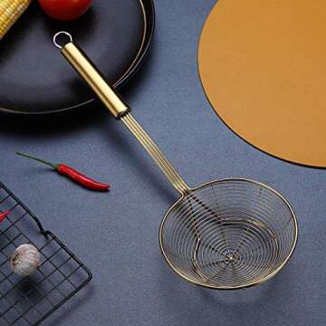 Gold Strainer Spider Skimmers For Kitchen,Kyraton Stainless Steel Titanium Gold Plating Slotted Spoon Pasta Strainers Tomato Food Strainer Skimmer Ladle For Kitchen Cooking and Frying Food