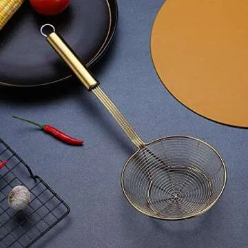 Gold Strainer Spider Skimmers For Kitchen,Kyraton Stainless Steel Titanium Gold Plating Slotted Spoon Pasta Strainers Tomato Food Strainer Skimmer Ladle For Kitchen Cooking and Frying Food