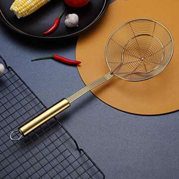 Gold Strainer Spider Skimmers For Kitchen,Kyraton Stainless Steel Titanium Gold Plating Slotted Spoon Pasta Strainers Tomato Food Strainer Skimmer Ladle For Kitchen Cooking and Frying Food
